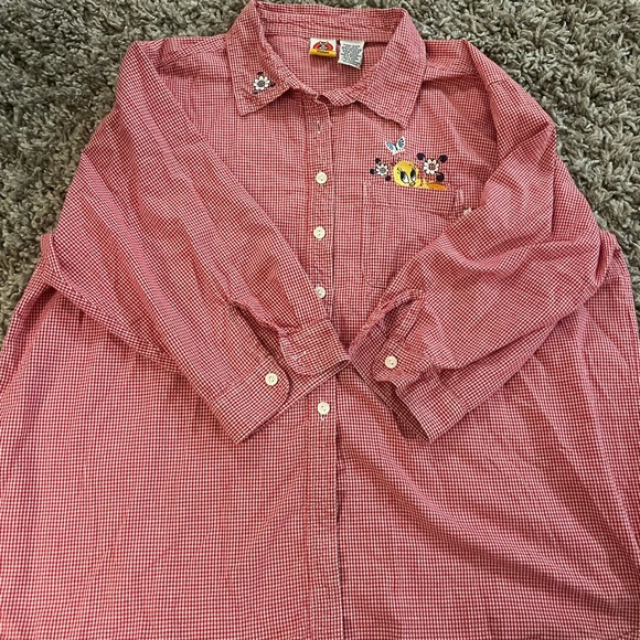 Vtg Tweety Red White Check Button Up Shirt Plus 22W 24W Embroidered 1/2 Sleeve - Picture 4 of 5